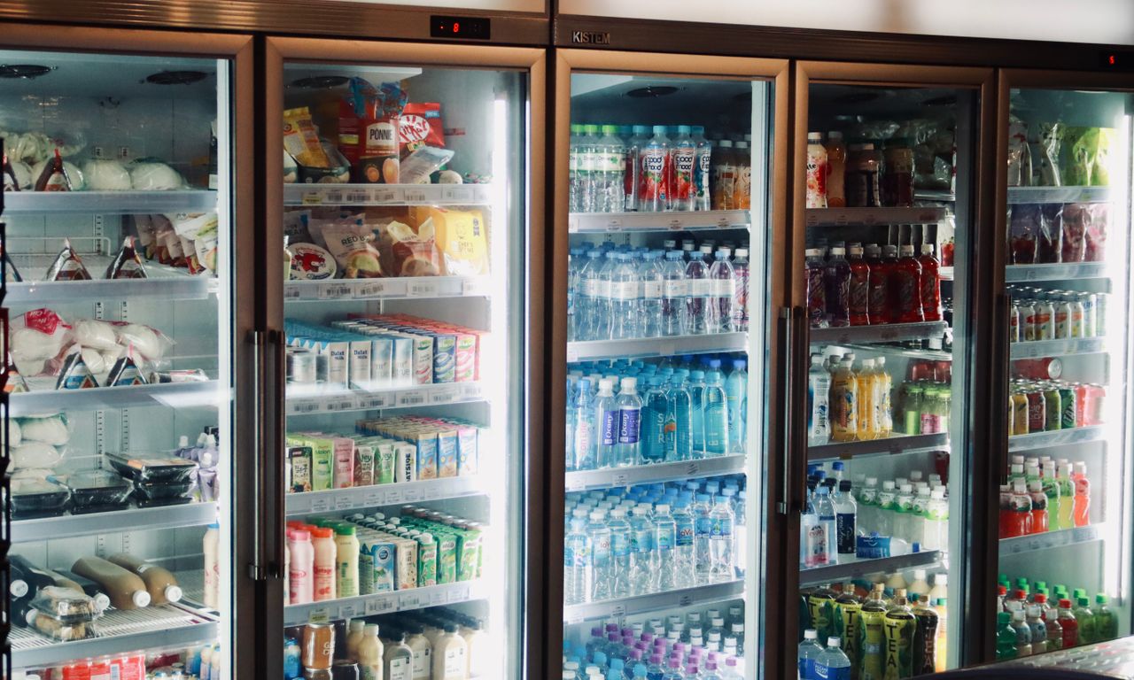 Refrigerated display cases in a supermarket